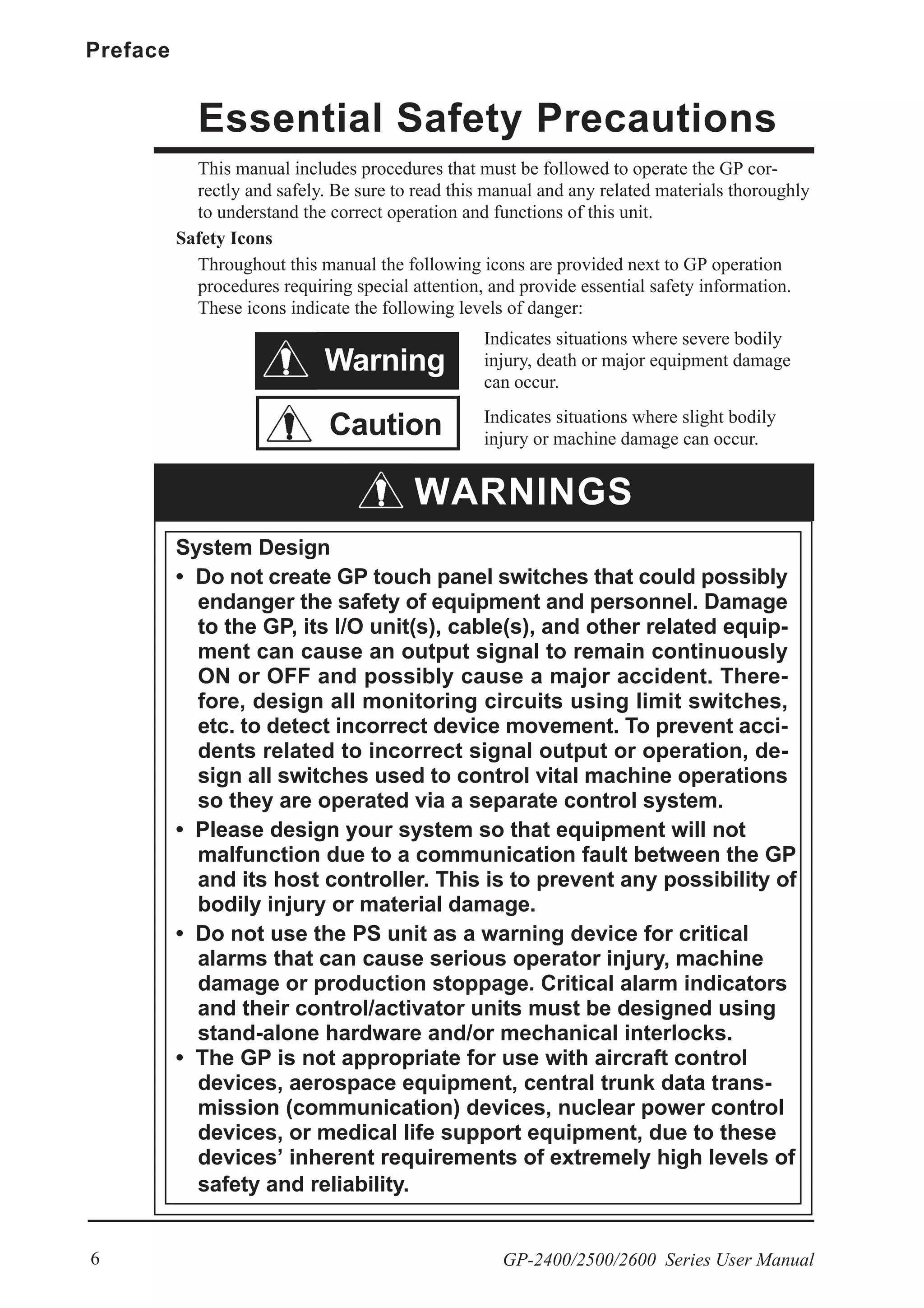 Preface
GP-2400/2500/2600 Series User Manual6
This manual includes procedures that must be followed to operate the GP cor-
rectly and safely. Be sure to read this manual and any related materials thoroughly
to understand the correct operation and functions of this unit.
Safety Icons
Throughout this manual the following icons are provided next to GP operation
procedures requiring special attention, and provide essential safety information.
These icons indicate the following levels of danger:
Indicates situations where severe bodily
injury, death or major equipment damage
can occur.
Indicates situations where slight bodily
injury or machine damage can occur.
System Design
• Do not create GP touch panel switches that could possibly
endanger the safety of equipment and personnel. Damage
to the GP, its I/O unit(s), cable(s), and other related equip-
ment can cause an output signal to remain continuously
ON or OFF and possibly cause a major accident. There-
fore, design all monitoring circuits using limit switches,
etc. to detect incorrect device movement. To prevent acci-
dents related to incorrect signal output or operation, de-
sign all switches used to control vital machine operations
so they are operated via a separate control system.
• Please design your system so that equipment will not
malfunction due to a communication fault between the GP
and its host controller. This is to prevent any possibility of
bodily injury or material damage.
• Do not use the PS unit as a warning device for critical
alarms that can cause serious operator injury, machine
damage or production stoppage. Critical alarm indicators
and their control/activator units must be designed using
stand-alone hardware and/or mechanical interlocks.
• The GP is not appropriate for use with aircraft control
devices, aerospace equipment, central trunk data trans-
mission (communication) devices, nuclear power control
devices, or medical life support equipment, due to these
devices’ inherent requirements of extremely high levels of
safety and reliability.
Essential Safety Precautions
Caution
Warning
WARNINGS
 