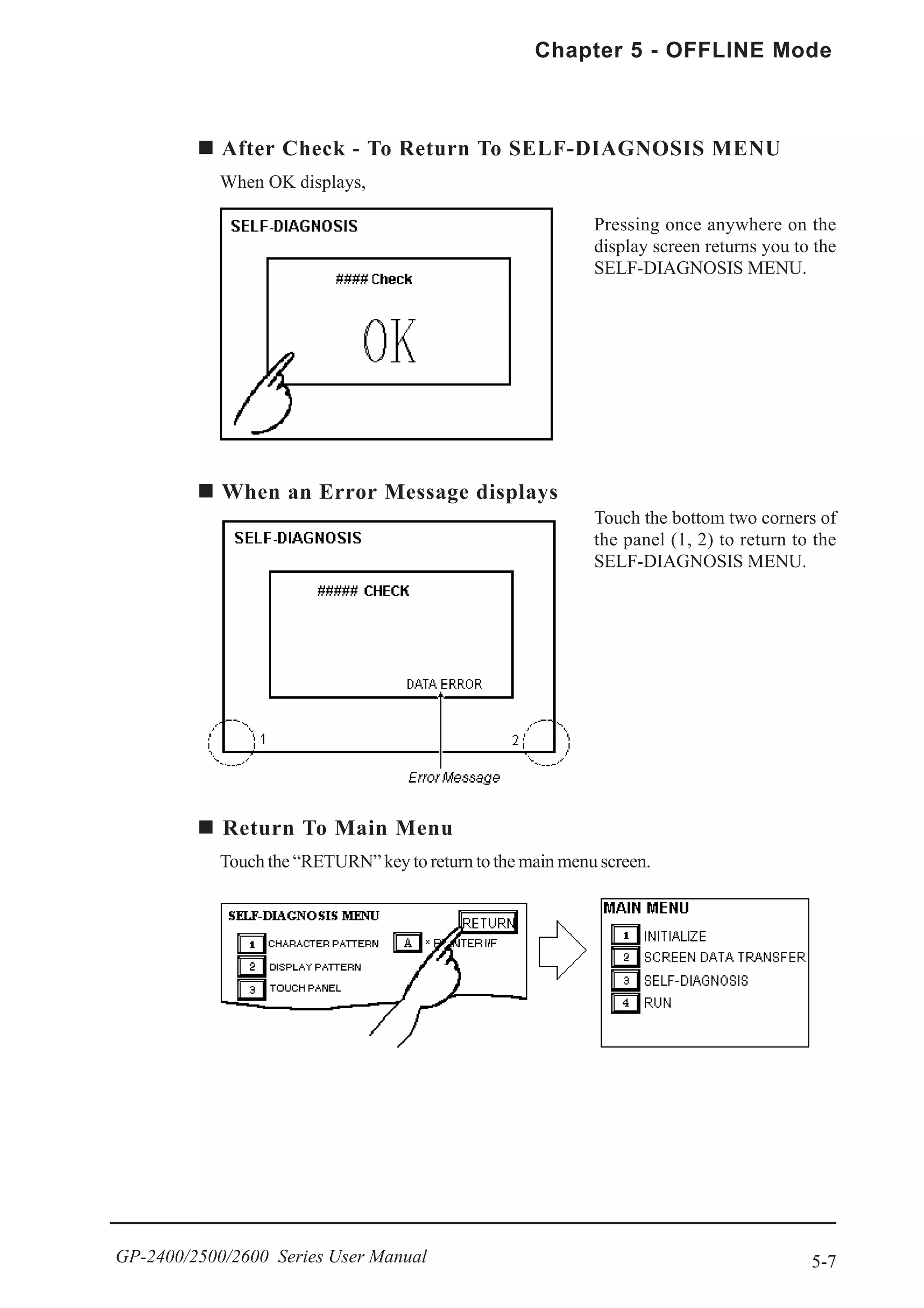 5-7
Chapter 5 - OFFLINE Mode
GP-2400/2500/2600 Series User Manual
Return To Main Menu
Touch the “RETURN” key to return to the main menu screen.
After Check - To Return To SELF-DIAGNOSIS MENU
When OK displays,
Pressing once anywhere on the
display screen returns you to the
SELF-DIAGNOSIS MENU.
Touch the bottom two corners of
the panel (1, 2) to return to the
SELF-DIAGNOSIS MENU.
When an Error Message displays
 