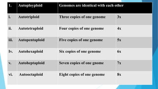 1. Autoployploid Genomes are identical with each other
i. Autotriploid Three copies of one genome 3x
ii. Autotetraploid Four copies of one genome 4x
iii. Autopentaploid Five copies of one genome 5x
Iv. Autohexaploid Six copies of one genome 6x
v. Autoheptaploid Seven copies of one gnome 7x
vi. Autooctaploid Eight copies of one genome 8x
 