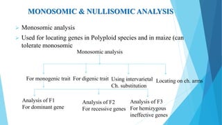 MONOSOMIC & NULLISOMIC ANALYSIS
 Monosomic analysis
 Used for locating genes in Polyploid species and in maize (can
tolerate monosomic
Monosomic analysis
For monogenic trait For digenic trait Using intervarietal
Ch. substitution
Locating on ch. arms
Analysis of F1
For dominant gene
Analysis of F2
For recessive genes
Analysis of F3
For hemizygous
ineffective genes
 