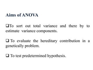 Aims of ANOVA
To sort out total variance and there by to
estimate variance components.
 To evaluate the hereditary contribution in a
genetically problem.
 To test predetermined hypothesis.
 
