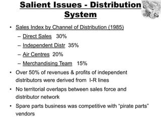 Salient Issues - Distribution
               System
• Sales Index by Channel of Distribution (1985)
   – Direct Sales 30%
   – Independent Distr 35%
   – Air Centres 20%
   – Merchandising Team 15%
• Over 50% of revenues & profits of independent
  distributors were derived from I-R lines
• No territorial overlaps between sales force and
  distributor network
• Spare parts business was competitive with “pirate parts”
  vendors
 