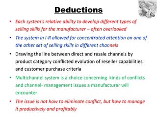 Deductions
• Each system's relative ability to develop different types of
  selling skills for the manufacturer – often overlooked
• The system in I-R allowed for concentrated attention on one of
  the other set of selling skills in different channels
• Drawing the line between direct and resale channels by
  product category conflicted evolution of reseller capabilities
  and customer purchase criteria
• Multichannel system is a choice concerning kinds of conflicts
  and channel- management issues a manufacturer will
  encounter
• The issue is not how to eliminate conflict, but how to manage
  it productively and profitably
 