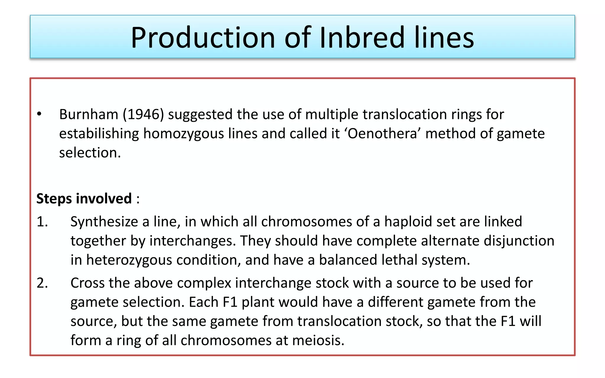 Production of Inbred lines
• Burnham (1946) suggested the use of multiple translocation rings for
estabilishing homozygous lines and called it ‘Oenothera’ method of gamete
selection.
Steps involved :
1. Synthesize a line, in which all chromosomes of a haploid set are linked
together by interchanges. They should have complete alternate disjunction
in heterozygous condition, and have a balanced lethal system.
2. Cross the above complex interchange stock with a source to be used for
gamete selection. Each F1 plant would have a different gamete from the
source, but the same gamete from translocation stock, so that the F1 will
form a ring of all chromosomes at meiosis.
 