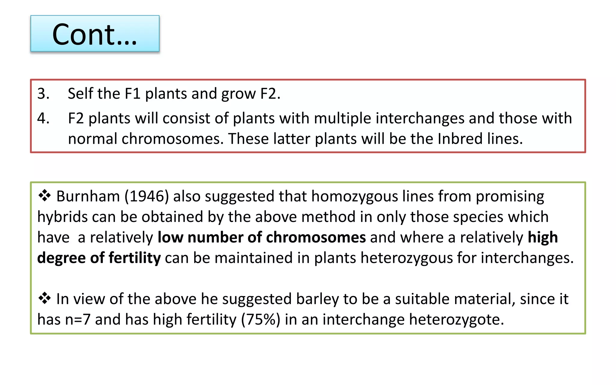 Cont…
3. Self the F1 plants and grow F2.
4. F2 plants will consist of plants with multiple interchanges and those with
normal chromosomes. These latter plants will be the Inbred lines.
 Burnham (1946) also suggested that homozygous lines from promising
hybrids can be obtained by the above method in only those species which
have a relatively low number of chromosomes and where a relatively high
degree of fertility can be maintained in plants heterozygous for interchanges.
 In view of the above he suggested barley to be a suitable material, since it
has n=7 and has high fertility (75%) in an interchange heterozygote.
 