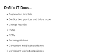 Dafiti’s IT Docs...
● Post-mortem template
● DevOps best practices and failure mode
● Change requests
● POCs
● RFCs
● Serv...