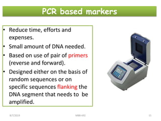 • Reduce time, efforts and
expenses.
• Small amount of DNA needed.
• Based on use of pair of primers
(reverse and forward).
• Designed either on the basis of
random sequences or on
specific sequences flanking the
DNA segment that needs to be
amplified.
PCR based markers
8/7/2019 MBB-692 15
 