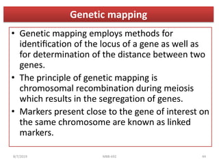 Genetic mapping
• Genetic mapping employs methods for
identiﬁcation of the locus of a gene as well as
for determination of the distance between two
genes.
• The principle of genetic mapping is
chromosomal recombination during meiosis
which results in the segregation of genes.
• Markers present close to the gene of interest on
the same chromosome are known as linked
markers.
8/7/2019 MBB-692 44
 