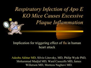 Respiratory Infection of Apo E
KO Mice Causes Excessive
Plaque Inflammation
Implication for triggering effect of flu in human
heart attack
Adeeba Akhtar MD, Silvio Litovsky, MD, Philip Wyde PhD,
Mohammad Madjid MD, Ward Casscells MD, James
Willerson MD, Morteza Naghavi MD.
 