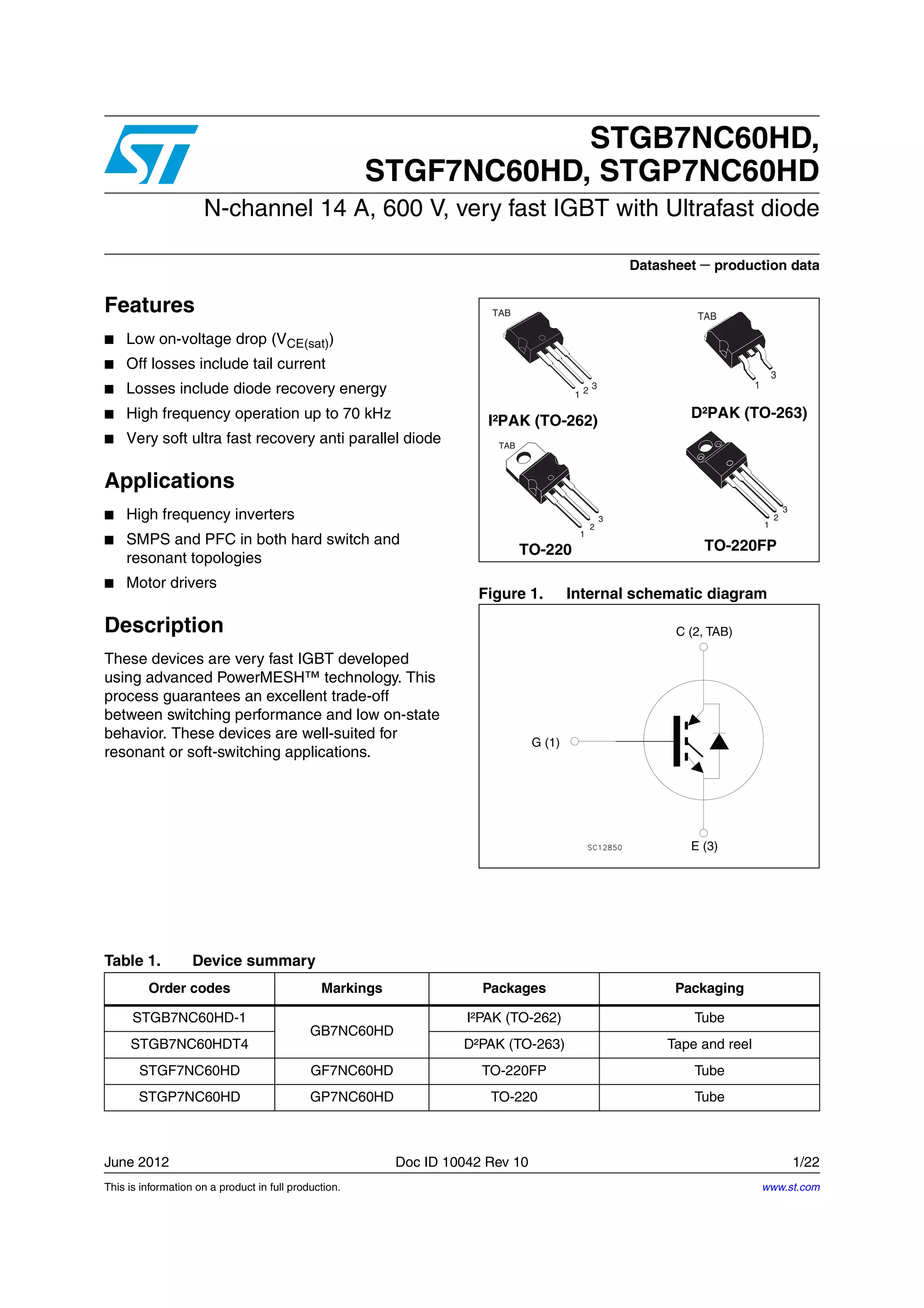 Original IGBT N-CHANNEL STGP7NC60HD GP7NC60HD 7NC60 14A 600V TO-220 New ...