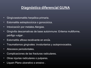 Diagnóstico diferencial GUNA
• Gingivoestomatitis herpética primaria.
• Estomatitis estreptocócica o gonocócica.
• Intoxicación por metales.Alergias.
• Gingivitis descamativas de base autoinmune: Eritema multiforme,
pénfigo vulgar .
• Estomatitis aftosa recidivante en encía.
• Traumatismos gingivales: involuntarios y autoprovocados.
• Abscesos periodontales.
• Complicaciones de las fracturas radiculares.
• Otras injurias radiculares o pulpares.
• Liquen Plano ulcerativo o erosivo .
 