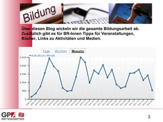 Über diesen Blog wickeln wir die gesamte Bildungsarbeit ab. Zusätzlich gibt es für BR-Innen Tipps für Veranstaltungen, Bücher, Links zu Aktivitäten und Medien. 