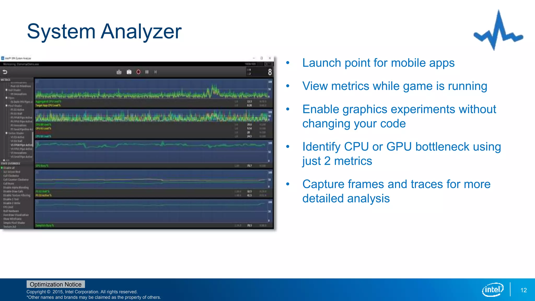 Copyright © 2015, Intel Corporation. All rights reserved.
*Other names and brands may be claimed as the property of others.
Optimization Notice
System Analyzer
12
• Launch point for mobile apps
• View metrics while game is running
• Enable graphics experiments without
changing your code
• Identify CPU or GPU bottleneck using
just 2 metrics
• Capture frames and traces for more
detailed analysis
 