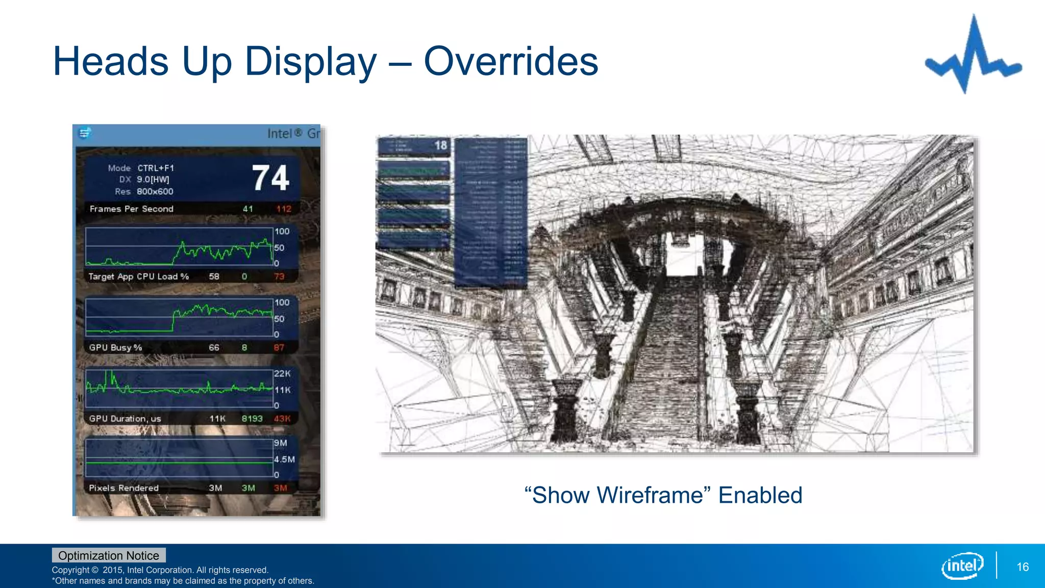 Copyright © 2015, Intel Corporation. All rights reserved.
*Other names and brands may be claimed as the property of others.
Optimization Notice
Heads Up Display – Overrides
16
“Show Wireframe” Enabled
 