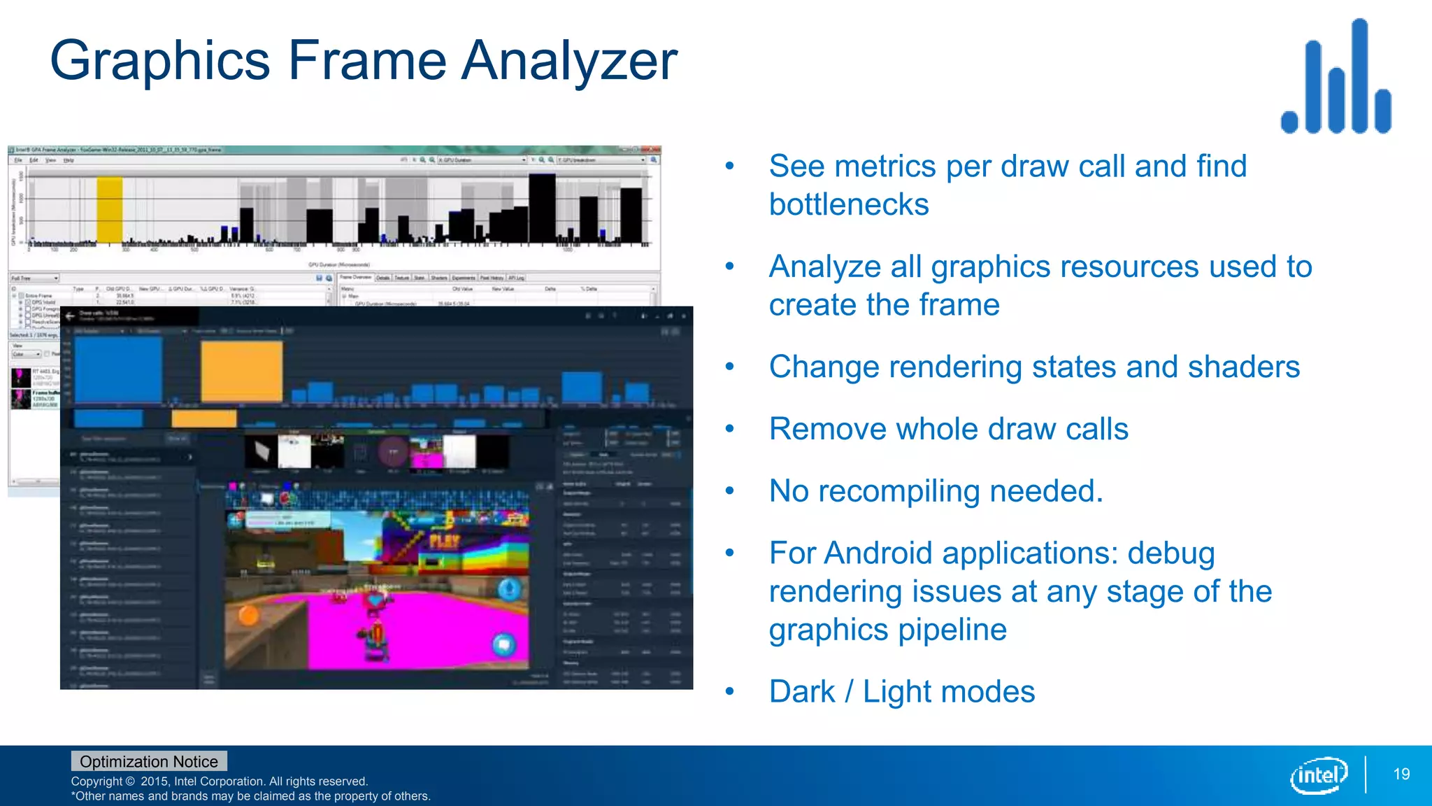 Copyright © 2015, Intel Corporation. All rights reserved.
*Other names and brands may be claimed as the property of others.
Optimization Notice
Graphics Frame Analyzer
19
• See metrics per draw call and find
bottlenecks
• Analyze all graphics resources used to
create the frame
• Change rendering states and shaders
• Remove whole draw calls
• No recompiling needed.
• For Android applications: debug
rendering issues at any stage of the
graphics pipeline
• Dark / Light modes
 