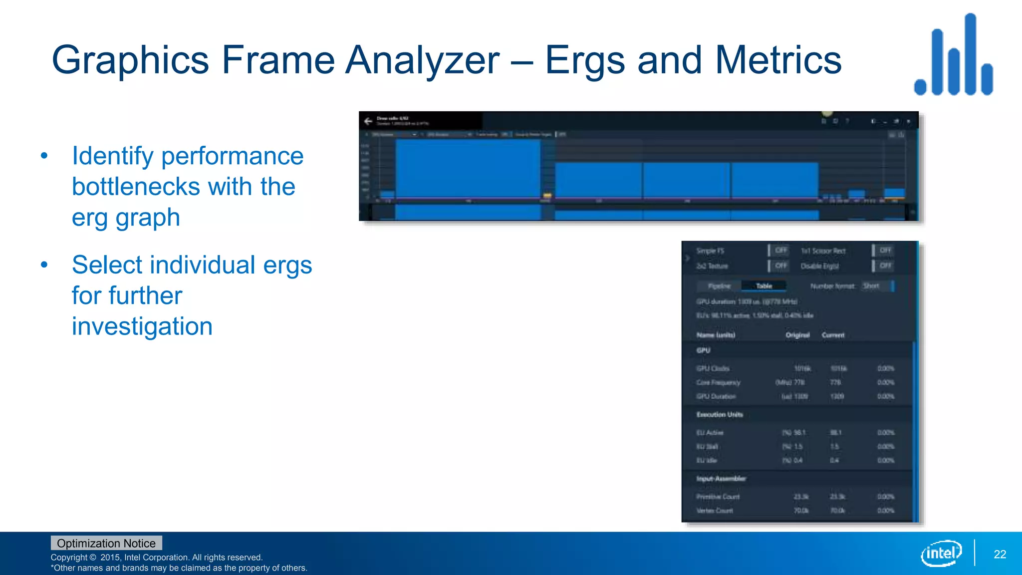 Copyright © 2015, Intel Corporation. All rights reserved.
*Other names and brands may be claimed as the property of others.
Optimization Notice
Graphics Frame Analyzer – Ergs and Metrics
22
• Identify performance
bottlenecks with the
erg graph
• Select individual ergs
for further
investigation
 