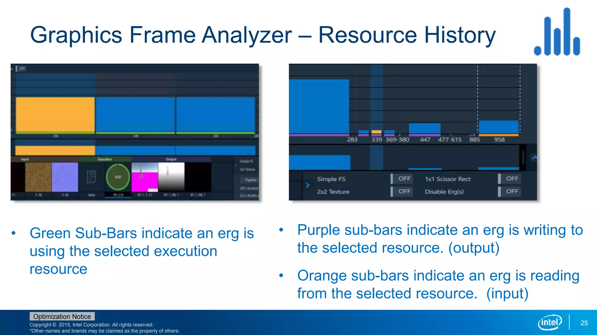 Copyright © 2015, Intel Corporation. All rights reserved.
*Other names and brands may be claimed as the property of others.
Optimization Notice
Graphics Frame Analyzer – Resource History
25
• Green Sub-Bars indicate an erg is
using the selected execution
resource
• Purple sub-bars indicate an erg is writing to
the selected resource. (output)
• Orange sub-bars indicate an erg is reading
from the selected resource. (input)
 