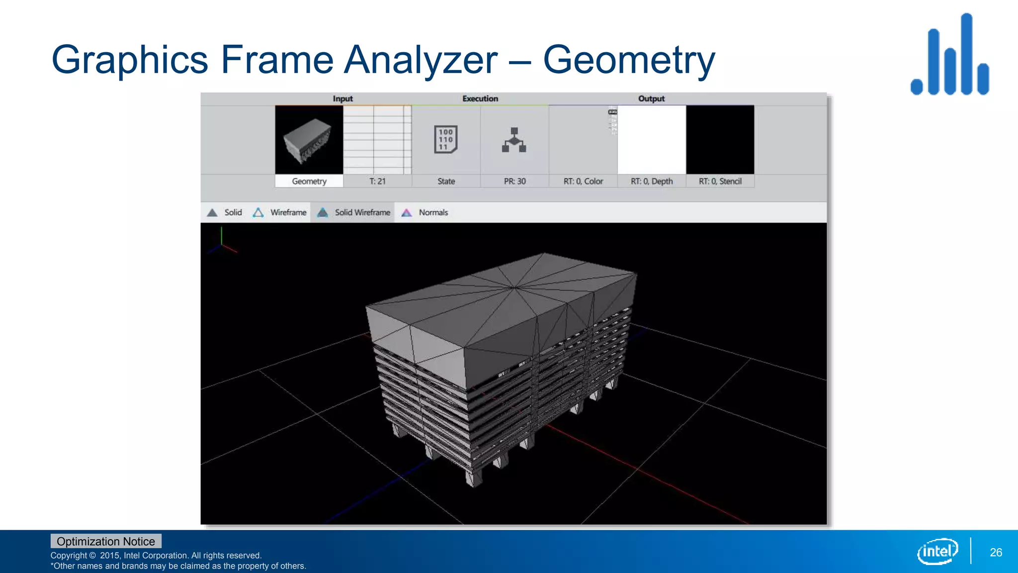 Copyright © 2015, Intel Corporation. All rights reserved.
*Other names and brands may be claimed as the property of others.
Optimization Notice
Graphics Frame Analyzer – Geometry
26
 