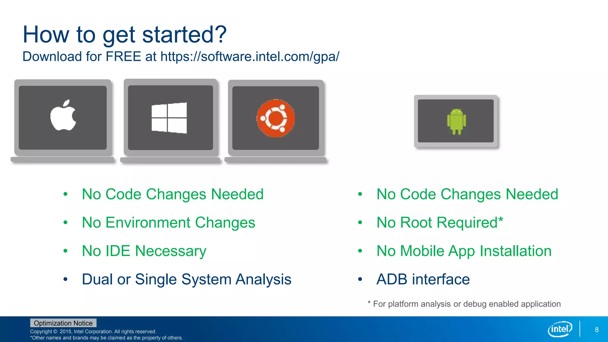 Copyright © 2015, Intel Corporation. All rights reserved.
*Other names and brands may be claimed as the property of others.
Optimization Notice
8
How to get started?
Download for FREE at https://software.intel.com/gpa/
• No Code Changes Needed
• No Root Required*
• No Mobile App Installation
• ADB interface
* For platform analysis or debug enabled application
• No Code Changes Needed
• No Environment Changes
• No IDE Necessary
• Dual or Single System Analysis
 
