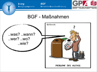 b-erg

Bewegungsergonomie

BGF

Betriebliche Gesundheitsförderung

BGF - Maßnahmen

..was? ..wann?
..wer? ..wo?
..wie?

 