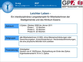 b-erg

Bewegungsergonomie

BGF

Betriebliche Gesundheitsförderung

Leichter Leben Ein interdisziplinäres Langzeitprojekt für MitarbeiterInnen der
Stadtgemeinde und des Klinikum Essens
Zeitraum

3 Zyklen, Oktober 2008 bis Jänner 2011
Phase I 12 Wochen
Phase II 16 Wochen
Phase III 22 Wochen

Zielgruppe

alle MitarbeiterInnen (3.300), ohne Alterseinschränkungen oder
Gewichtsvorgaben. Ausschlusskriterium: Herzkreislauferkrankungen,
die eine physische Aktivität nicht zuließen

Finanzierung

Arbeitgeber
Kaution von € 100/Person, Rückzahlung am Ende des Zyklus
Eigenkostenanteil € 75 im 3. Zyklus

 