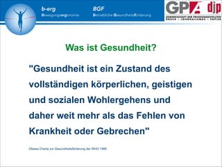 b-erg

Bewegungsergonomie

BGF

Betriebliche Gesundheitsförderung

Was ist Gesundheit?
!

"Gesundheit ist ein Zustand des
vollständigen körperlichen, geistigen
und sozialen Wohlergehens und
daher weit mehr als das Fehlen von
Krankheit oder Gebrechen"
!

Ottawa Charta zur Gesundheitsförderung der WHO 1986

 