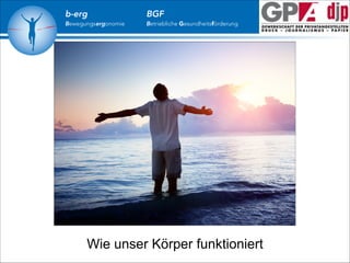 b-erg

Bewegungsergonomie

BGF

Betriebliche Gesundheitsförderung

Wie unser Körper funktioniert

 