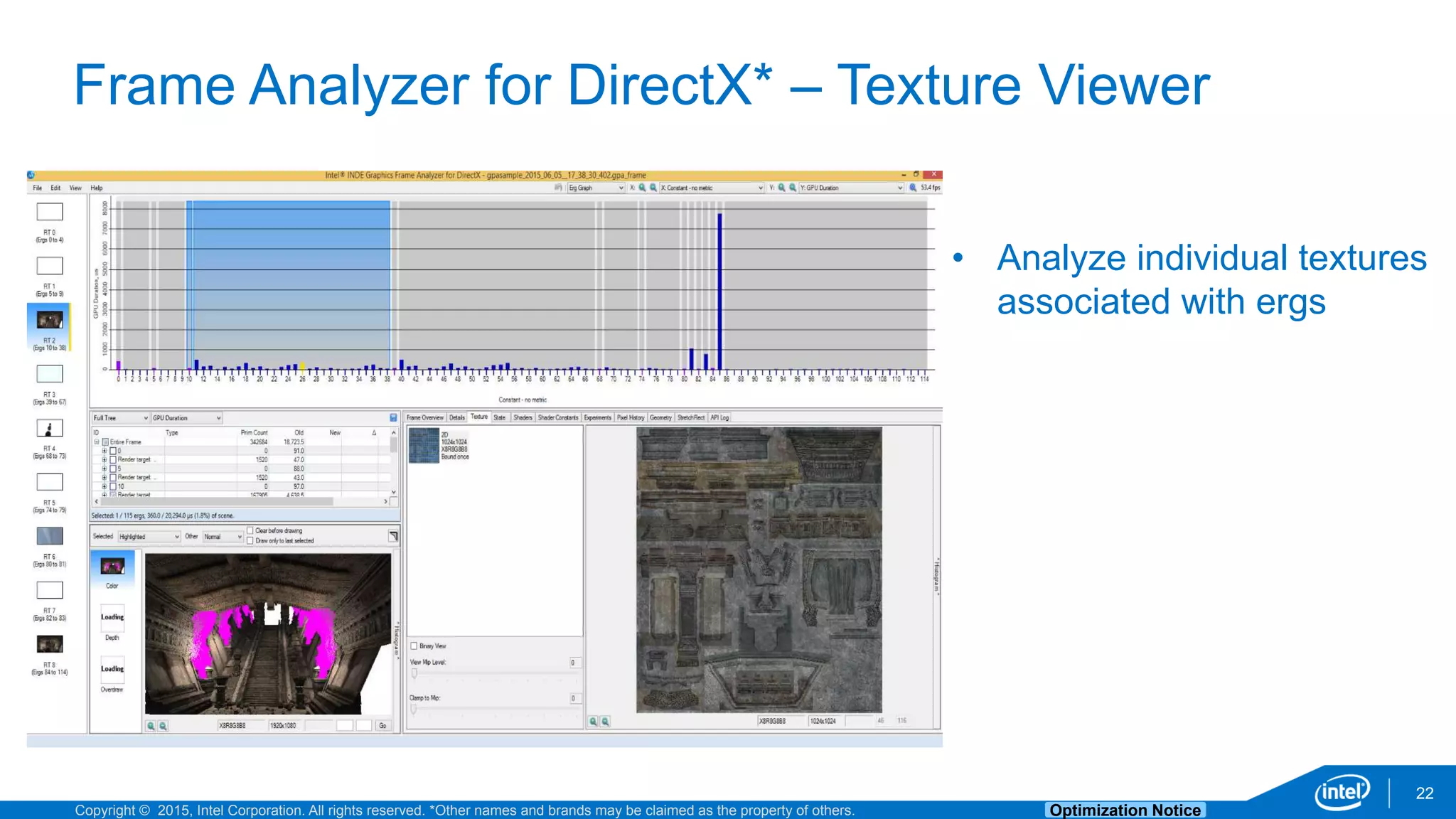 Copyright © 2015, Intel Corporation. All rights reserved. *Other names and brands may be claimed as the property of others. Optimization Notice
Frame Analyzer for DirectX* – Texture Viewer
22
• Analyze individual textures
associated with ergs
 