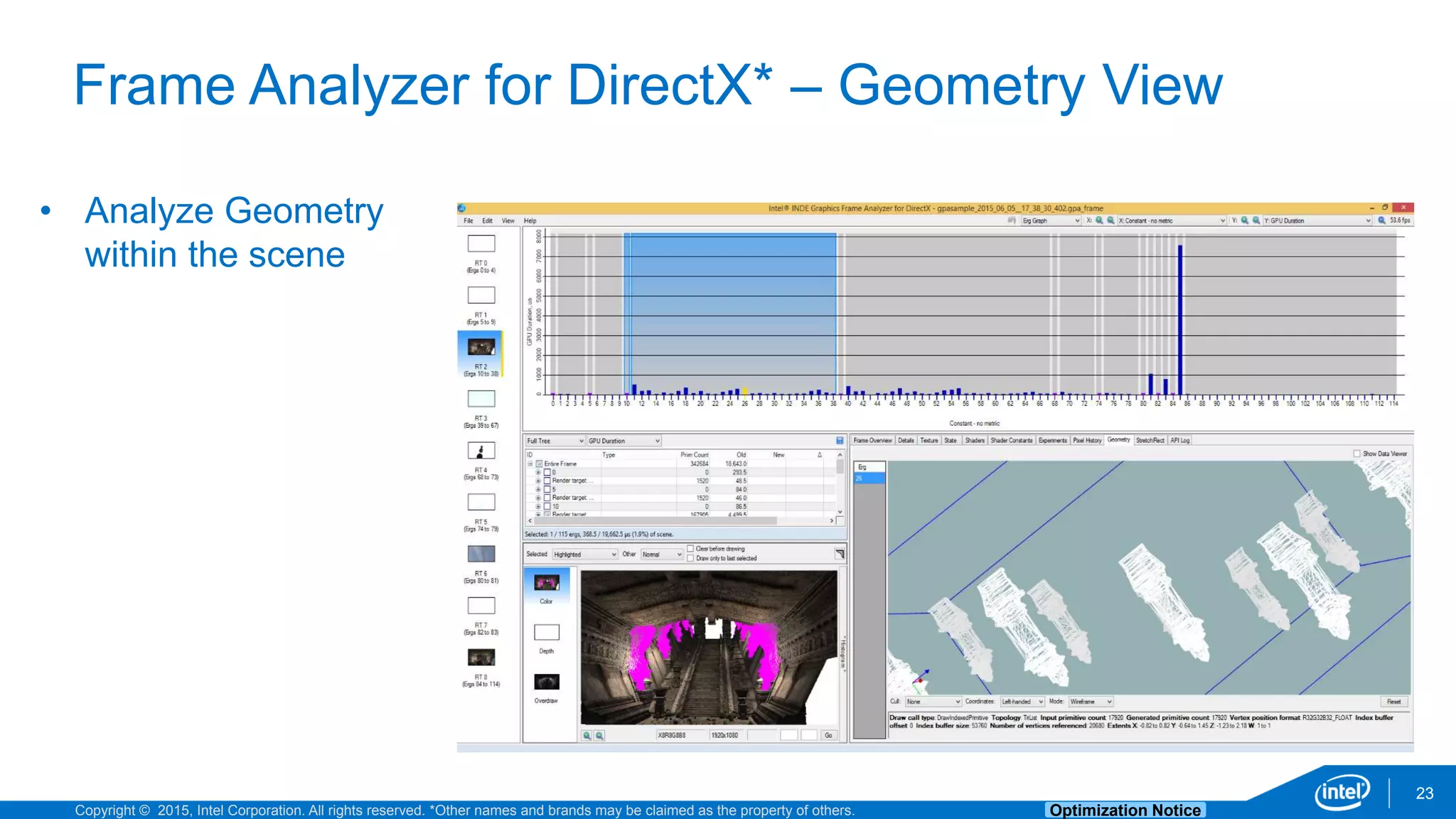 Copyright © 2015, Intel Corporation. All rights reserved. *Other names and brands may be claimed as the property of others. Optimization Notice
Frame Analyzer for DirectX* – Geometry View
23
• Analyze Geometry
within the scene
 