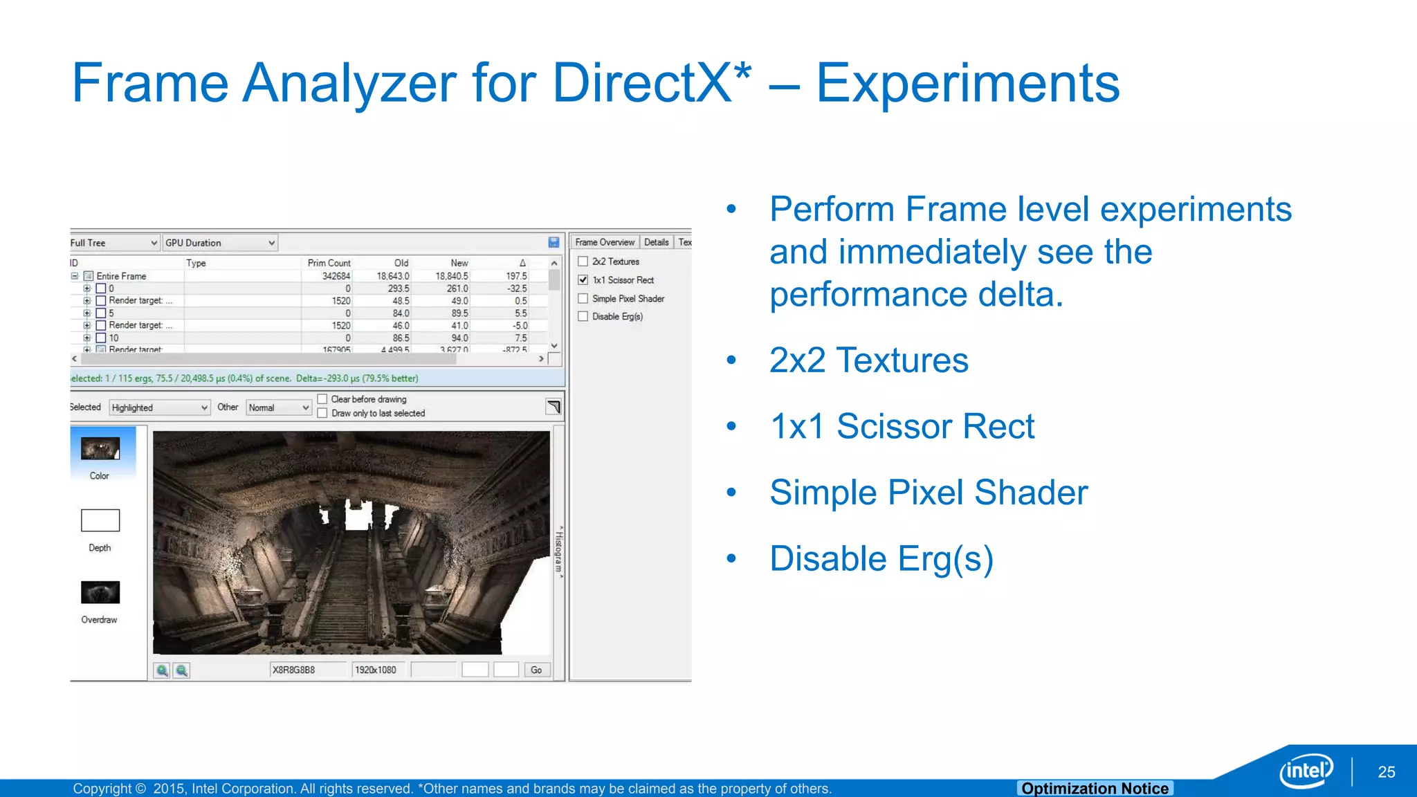 Copyright © 2015, Intel Corporation. All rights reserved. *Other names and brands may be claimed as the property of others. Optimization Notice
Frame Analyzer for DirectX* – Experiments
25
• Perform Frame level experiments
and immediately see the
performance delta.
• 2x2 Textures
• 1x1 Scissor Rect
• Simple Pixel Shader
• Disable Erg(s)
 
