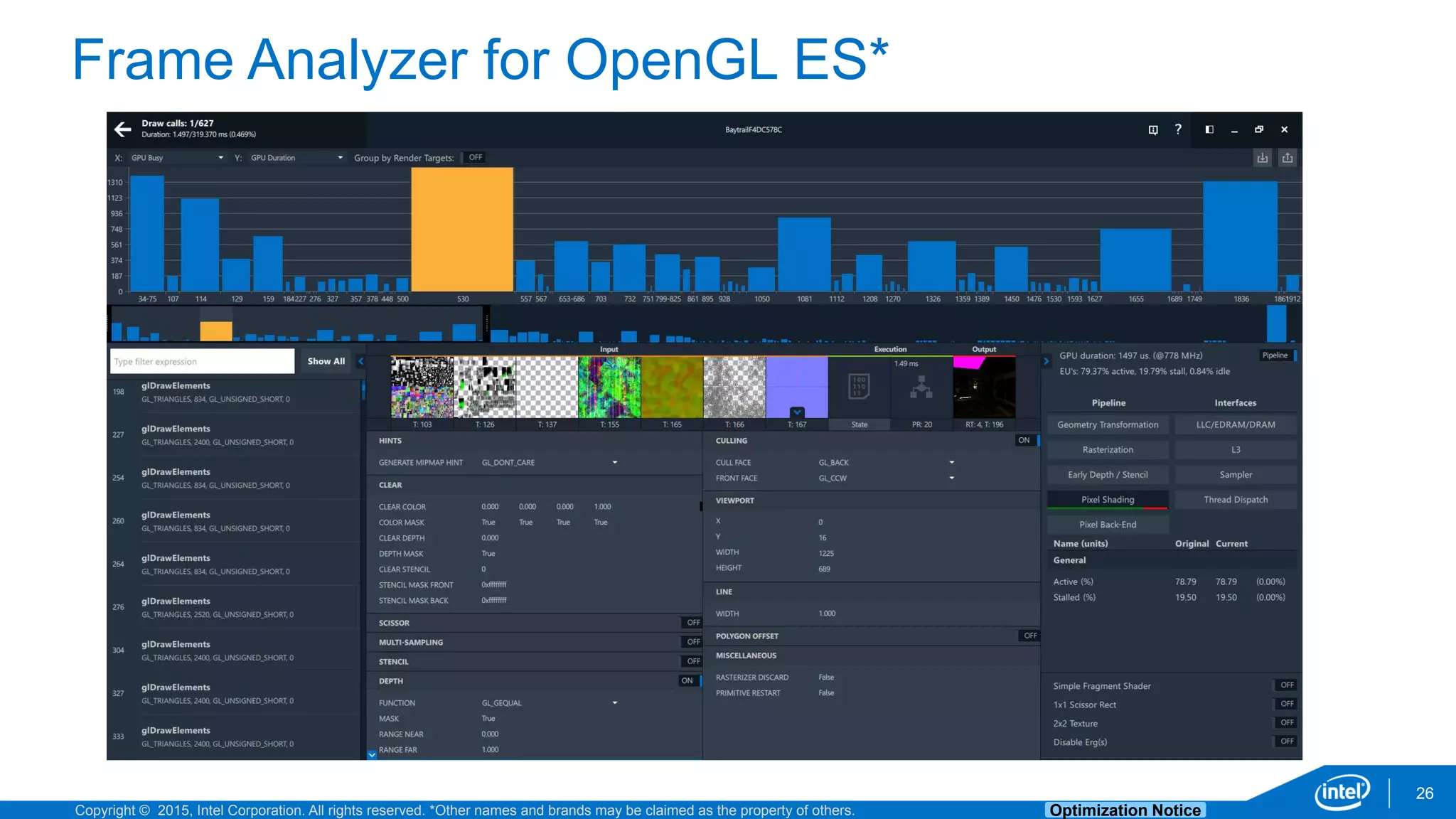 Copyright © 2015, Intel Corporation. All rights reserved. *Other names and brands may be claimed as the property of others. Optimization Notice
Frame Analyzer for OpenGL ES*
26
 