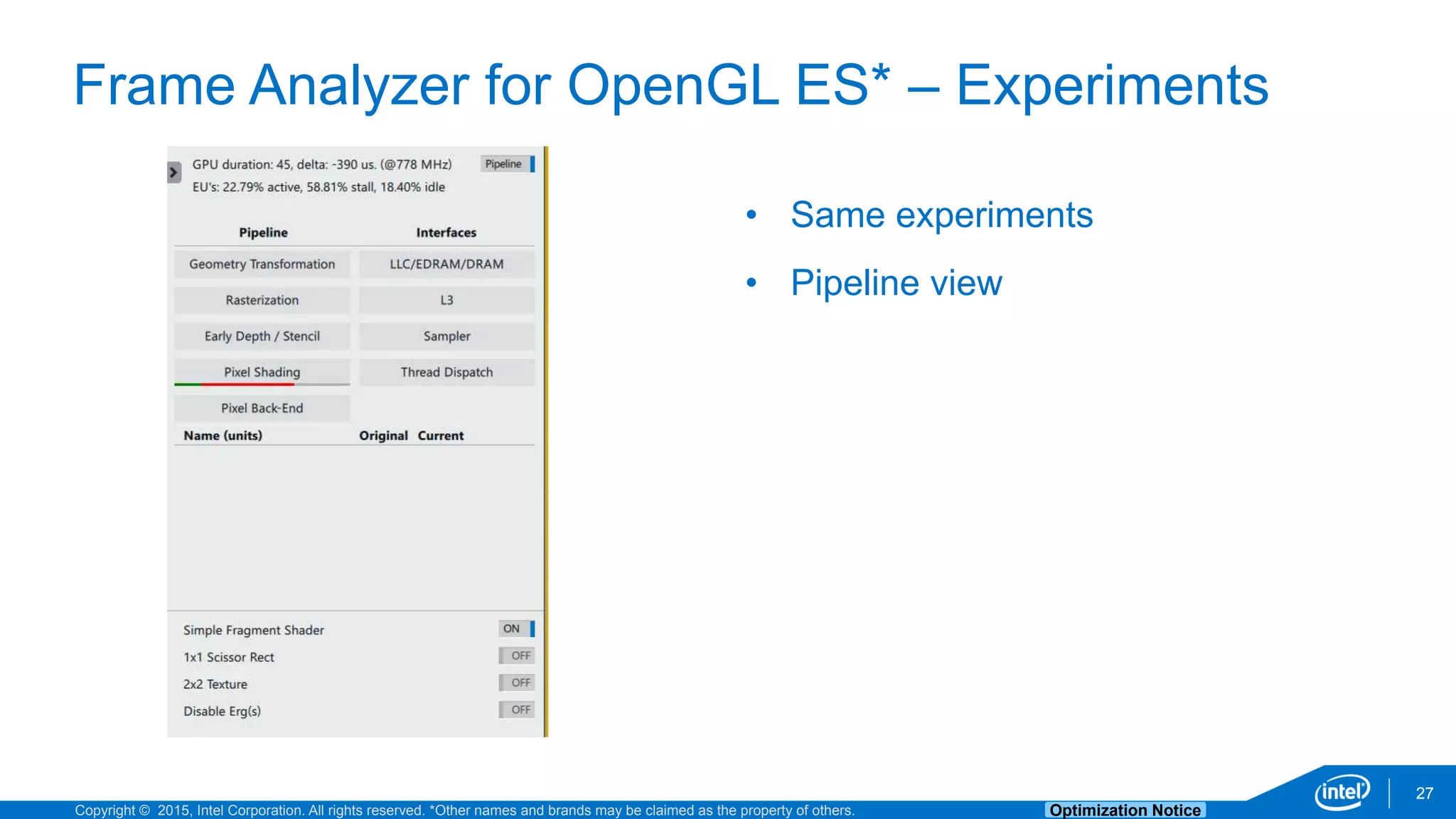 Copyright © 2015, Intel Corporation. All rights reserved. *Other names and brands may be claimed as the property of others. Optimization Notice
Frame Analyzer for OpenGL ES* – Experiments
27
• Same experiments
• Pipeline view
 