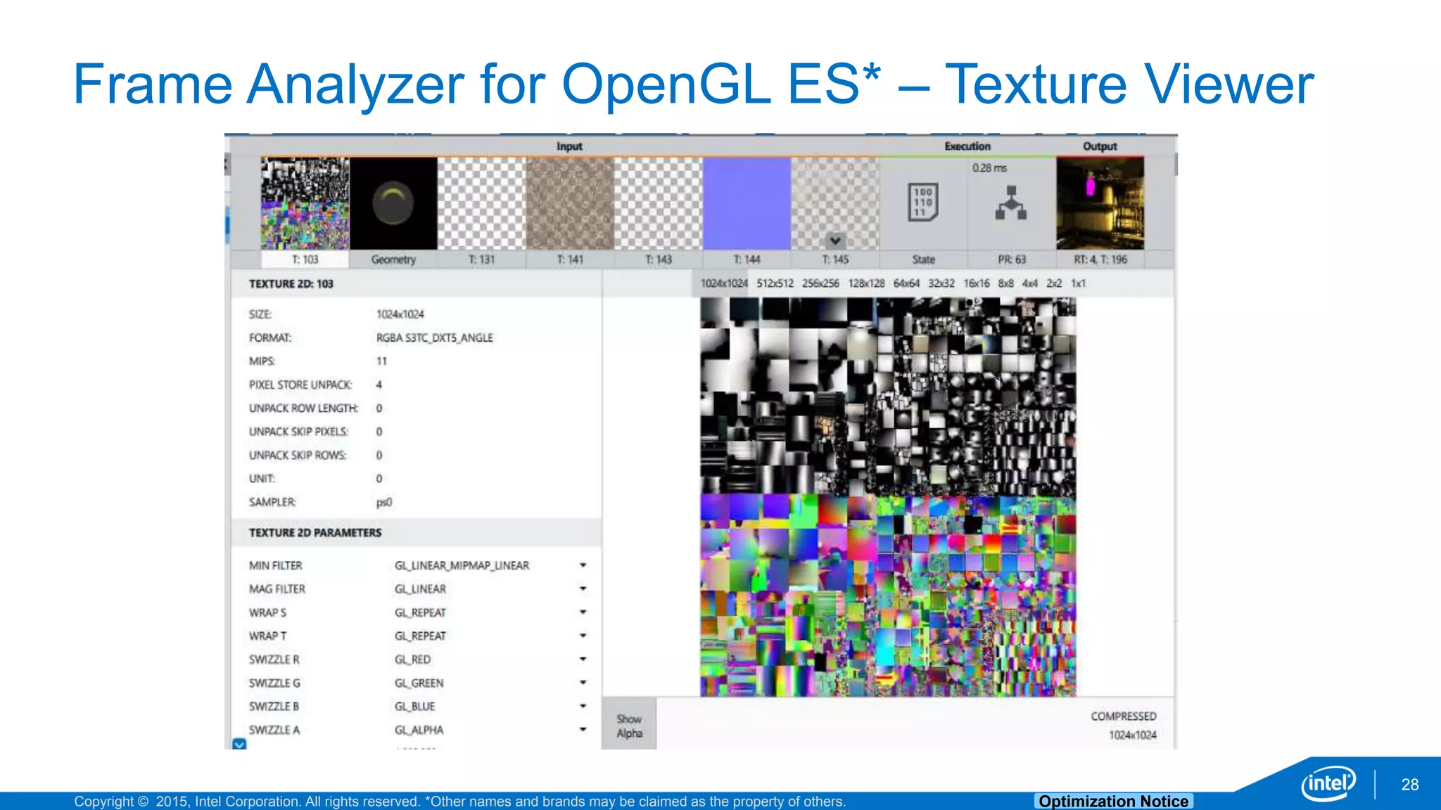 Copyright © 2015, Intel Corporation. All rights reserved. *Other names and brands may be claimed as the property of others. Optimization Notice
Frame Analyzer for OpenGL ES* – Texture Viewer
28
 