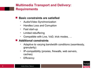 Multimedia Transport and Delivery:
    Requirements

     Basic constraints are satisfied
       •       Audio/Video Sync...