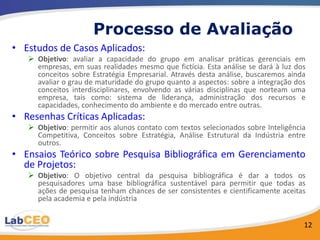 Processo de Avaliação
• Estudos de Casos Aplicados:
    Objetivo: avaliar a capacidade do grupo em analisar práticas gerenciais em
     empresas, em suas realidades mesmo que fictícia. Esta análise se dará à luz dos
     conceitos sobre Estratégia Empresarial. Através desta análise, buscaremos ainda
     avaliar o grau de maturidade do grupo quanto a aspectos: sobre a integração dos
     conceitos interdisciplinares, envolvendo as várias disciplinas que norteam uma
     empresa, tais como: sistema de liderança, administração dos recursos e
     capacidades, conhecimento do ambiente e do mercado entre outras.
• Resenhas Críticas Aplicadas:
    Objetivo: permitir aos alunos contato com textos selecionados sobre Inteligência
     Competitiva, Conceitos sobre Estratégia, Análise Estrutural da Indústria entre
     outros.
• Ensaios Teórico sobre Pesquisa Bibliográfica em Gerenciamento
  de Projetos:
    Objetivo: O objetivo central da pesquisa bibliográfica é dar a todos os
     pesquisadores uma base bibliográfica sustentável para permitir que todas as
     ações de pesquisa tenham chances de ser consistentes e cientificamente aceitas
     pela academia e pela indústria


                                                                                    12
 