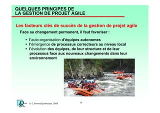 QUELQUES PRINCIPES DE
LA GESTION DE PROJET AGILE
Les facteurs clés de succès de la gestion de projet agile
Face au changement permanent, il faut favoriser :
l’auto-organisation d’équipes autonomes
l’émergence de processus correcteurs au niveau local
l’évolution des équipes, de leur structure et de leur
processus face aux nouveaux changements dans leur
environnement

© C.Emond/Qualiscope, 2009

19

 
