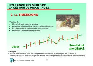 LES PRINCIPAUX OUTILS DE
LA GESTION DE PROJET AGILE

2. Le TIMEBOXING
C’est quoi :
• blocs de travail courts et «gelés»
• ensemble pré-négocié de fonctionnalités obligatoires
• fonctionnalités priorisées par le client-utilisateur
• équivalent des «releases» (versions)

Résultat tel
que DÉSIRÉ

Début

Pourquoi :
• Forcer une revalidation et une renégociation fréquentes et «à temps» des objectifs à
rechercher pour la suite du projet sur la base des changements vécus dans son environnement
© C.Emond/Qualiscope, 2009

34

 