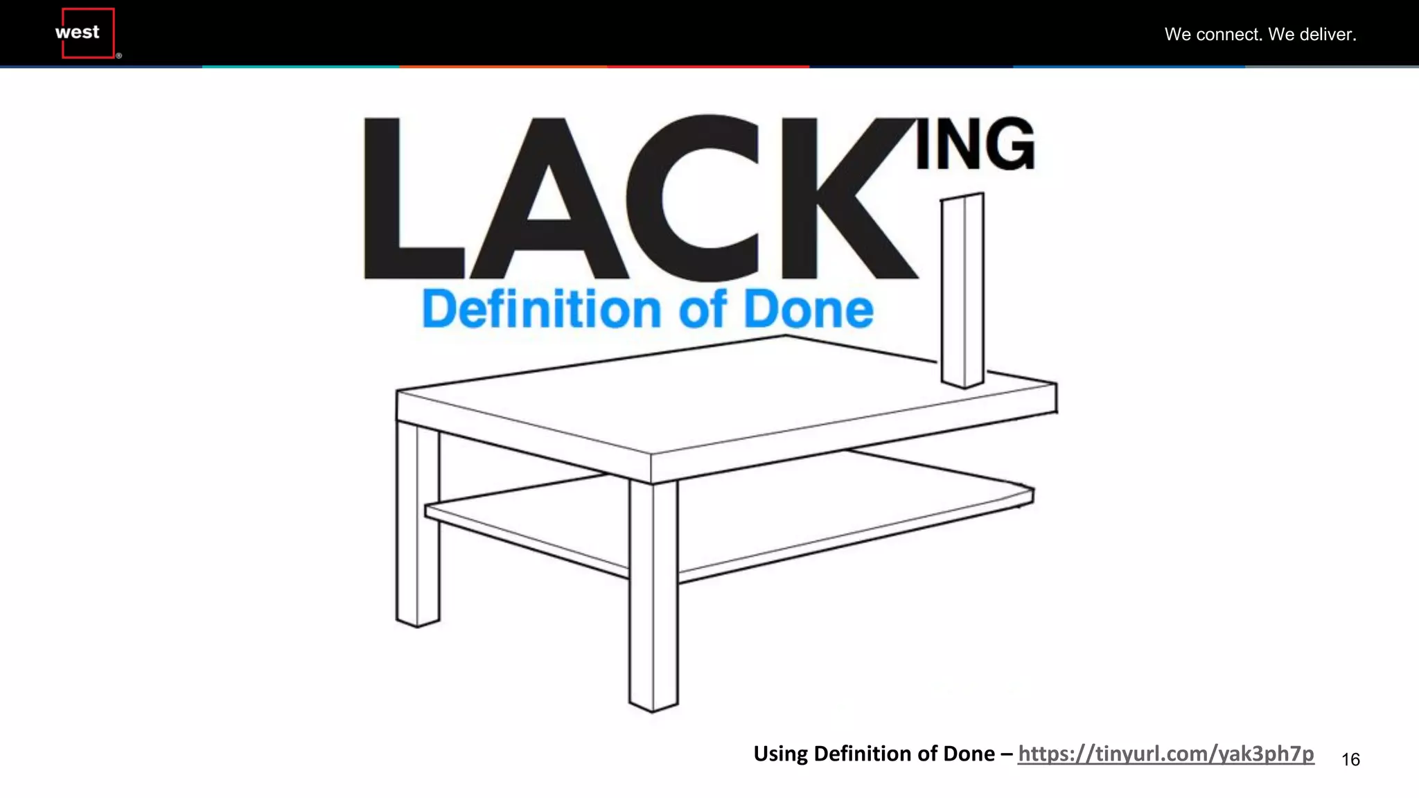 16
We connect. We deliver.
Using Definition of Done – https://tinyurl.com/yak3ph7p
 
