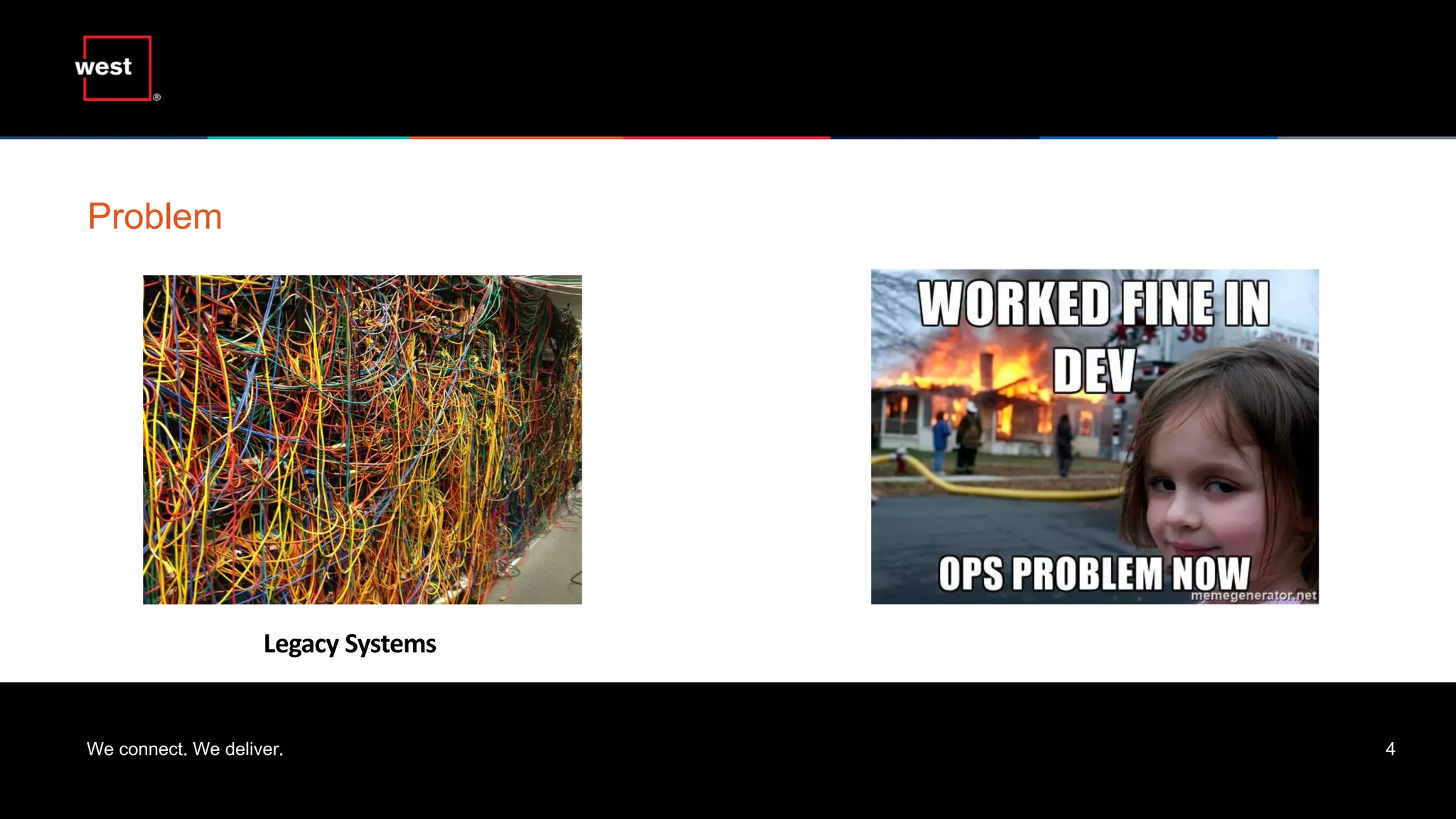 We connect. We deliver. 4
Problem
Legacy Systems
 