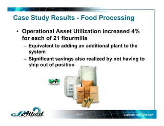 Case Study Results - Food Processing

• Operational Asset Utilization increased 4%
  for each of 21 flourmills
   – Equivalent to adding an additional plant to the
     system
   – Significant savings also realized by not having to
     ship out of position




                         Source:             Copyright 2009 GPAllied©
 