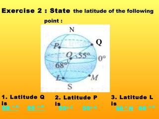 Exercise 2 : State  the latitude of the following point : 1. Latitude Q is 3. Latitude L is 2. Latitude P is Q N 68  o  N 55  o  N  68   o  N 68  o  S 55 o  S   55 o  N 