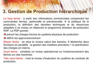 3. Gestion de Production hiérarchique
Le long terme : à partir des informations commerciales comprenant les
commandes fermes, optionnelle et prévisionnelle  la politique de la
production, la définition des données techniques et de ressources
adaptées à ce niveau en élaborant le programme directeur de production
PDP. Le PDP permet :
prévoir les charges futures du système physique de production
définir les approvisionnement
Moyen terme : se situe le niveau calcul des besoins. Il déclenche deux
fonctions en parallèle : la gestion des matières premières + la planification
des charges en interne.
Court terme : constitue un niveau opérationnel ou l’ordonnancement des
tâches sur des machines.
Très court terme : c’est le niveau d’exécution du système de conduite de
production.
 
