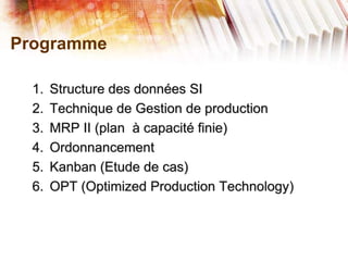 Programme
1. Structure des données SI
2. Technique de Gestion de production
3. MRP II (plan à capacité finie)
4. Ordonnancement
5. Kanban (Etude de cas)
6. OPT (Optimized Production Technology)
 