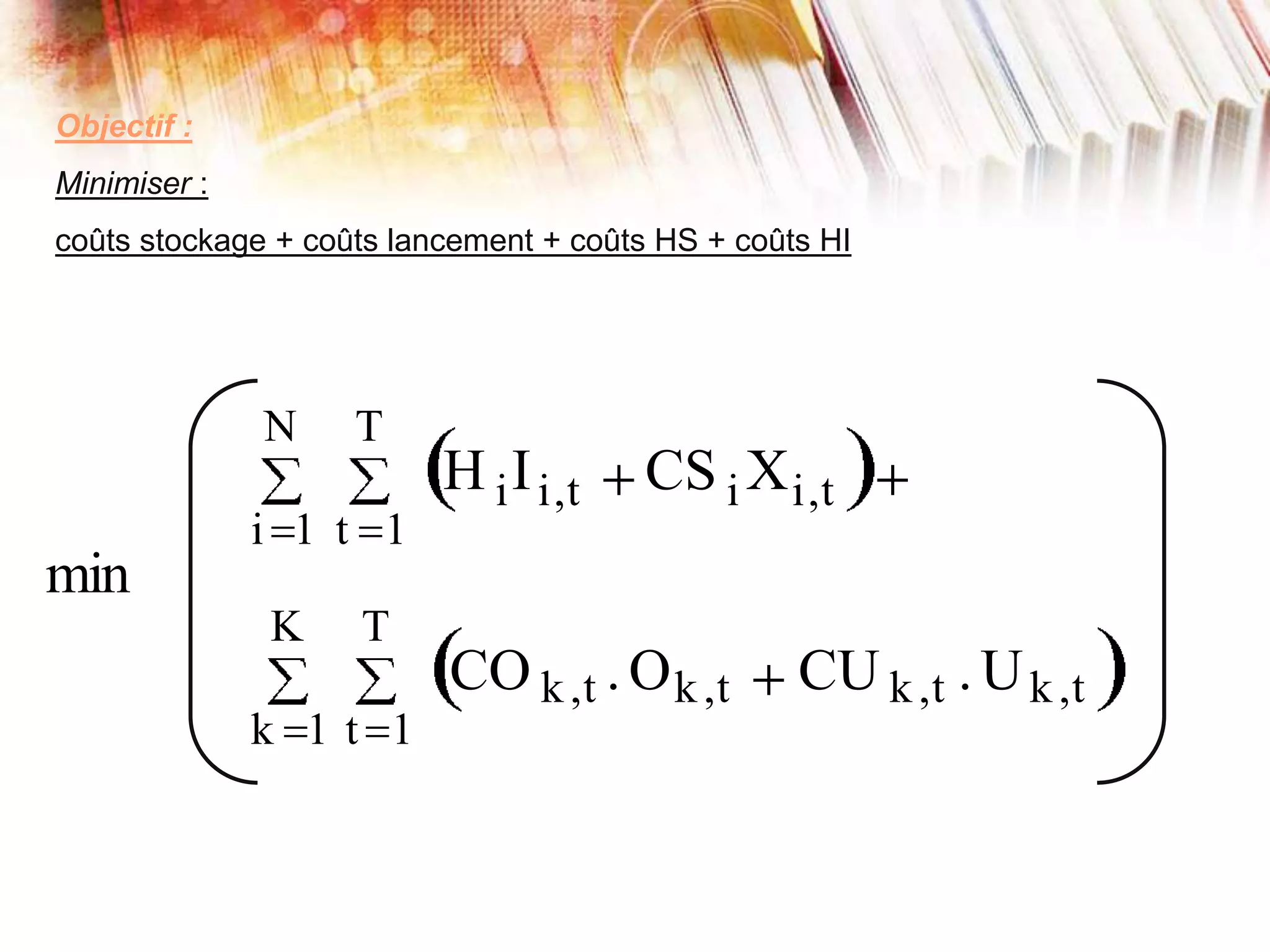Objectif :
Minimiser :
coûts stockage + coûts lancement + coûts HS + coûts HI
min
i 1
N
t 1
T
H iIi,t CS i Xi,t
k 1
K
t 1
T
CO k,t .Ok,t CU k,t .Uk,t
 