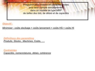Objectif :
Minimiser : coûts stockage + coûts lancement + coûts HS + coûts HI
Programmation linéaire en variables mixtes
pour tenir compte simultanément
dans un modèle de type MRP
de tailles des lots, de délais et de capacités
Définitions des paramètres
Produits, Stocks , Machines, Coûts, ….
Contraintes
Capacités, nomenclatures, délais, cohérence
 