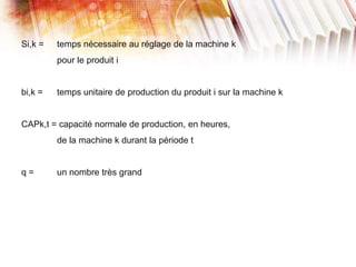 Si,k = temps nécessaire au réglage de la machine k
pour le produit i
bi,k = temps unitaire de production du produit i sur la machine k
CAPk,t = capacité normale de production, en heures,
de la machine k durant la période t
q = un nombre très grand
 
