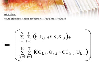 Objectif :
Minimiser :
coûts stockage + coûts lancement + coûts HS + coûts HI
min
i 1
N
t 1
T
H iIi,t CS i Xi,t
k 1
K
t 1
T
CO k,t .Ok,t CU k,t .Uk,t
 