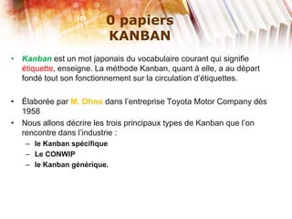 0 papiers
KANBAN
• Kanban est un mot japonais du vocabulaire courant qui signifie
étiquette, enseigne. La méthode Kanban, quant à elle, a au départ
fondé tout son fonctionnement sur la circulation d’étiquettes.
• Élaborée par M. Ohno dans l’entreprise Toyota Motor Company dès
1958
• Nous allons décrire les trois principaux types de Kanban que l’on
rencontre dans l’industrie :
– le Kanban spécifique
– Le CONWIP
– le Kanban générique.
 
