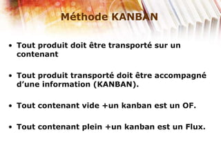 Méthode KANBAN
• Tout produit doit être transporté sur un
contenant
• Tout produit transporté doit être accompagné
d’une information (KANBAN).
• Tout contenant vide +un kanban est un OF.
• Tout contenant plein +un kanban est un Flux.
 