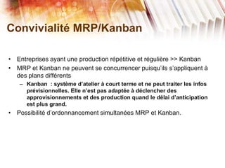 Convivialité MRP/Kanban
• Entreprises ayant une production répétitive et régulière >> Kanban
• MRP et Kanban ne peuvent se concurrencer puisqu’ils s’appliquent à
des plans différents
– Kanban : système d’atelier à court terme et ne peut traiter les infos
prévisionnelles. Elle n’est pas adaptée à déclencher des
approvisionnements et des production quand le délai d’anticipation
est plus grand.
• Possibilité d’ordonnancement simultanées MRP et Kanban.
 